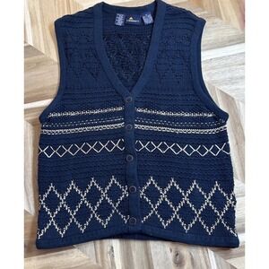 Liz‎ Sport V-Neck Sweater Vest Cardigan Women M Blue Geo Print Preppy Nautical